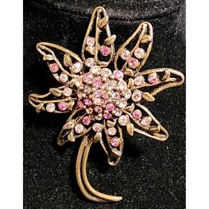 Nicky Butler Pink Rhinestone Flower Brooch Antiqued Bronze Tone Floral Pin